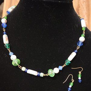 Gold chain & earrings with hand painted porcelain beads and blue and green beads